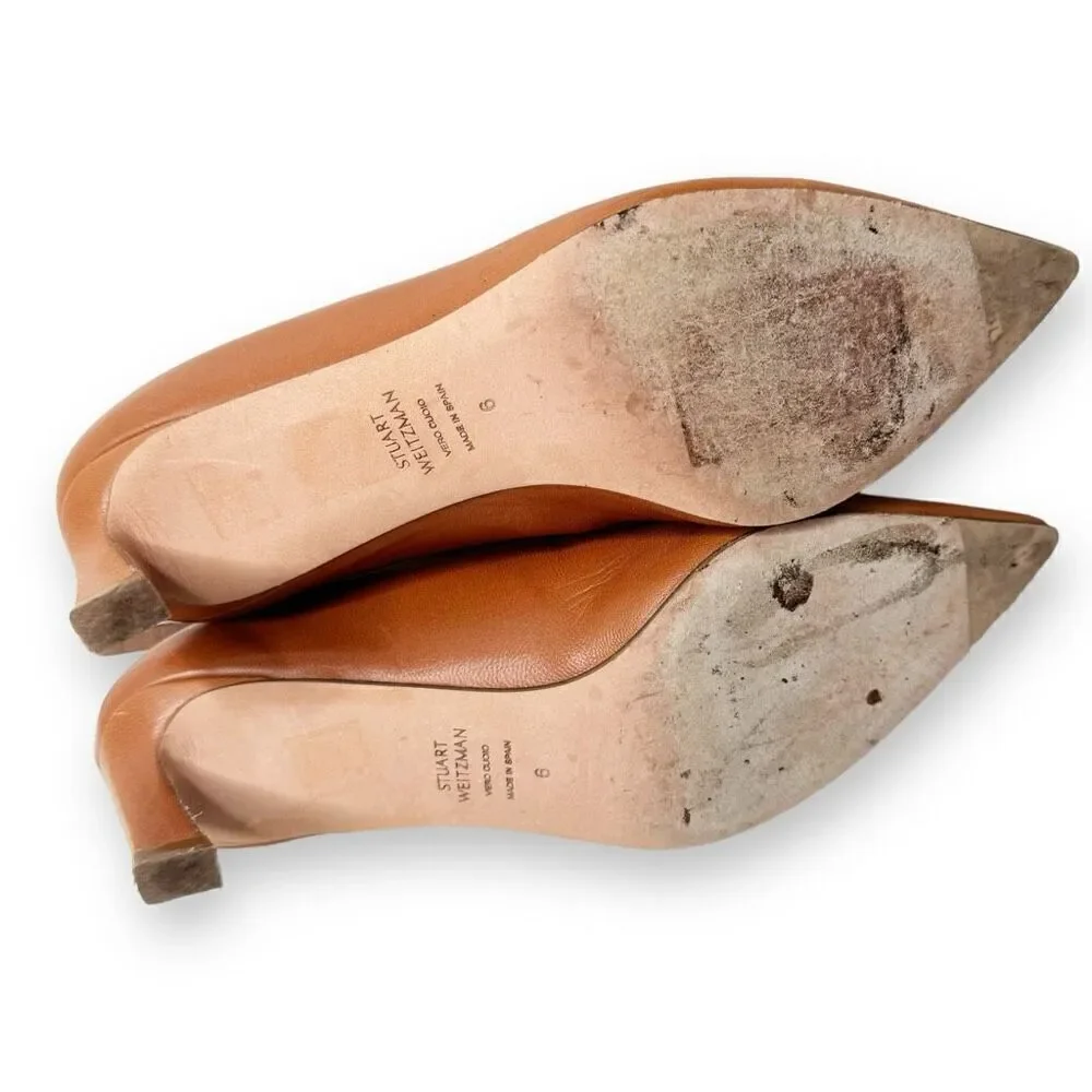 Stuart Weitzman Women's Leather Heeled Mira Mules in Dark Bridle Brown Size 6